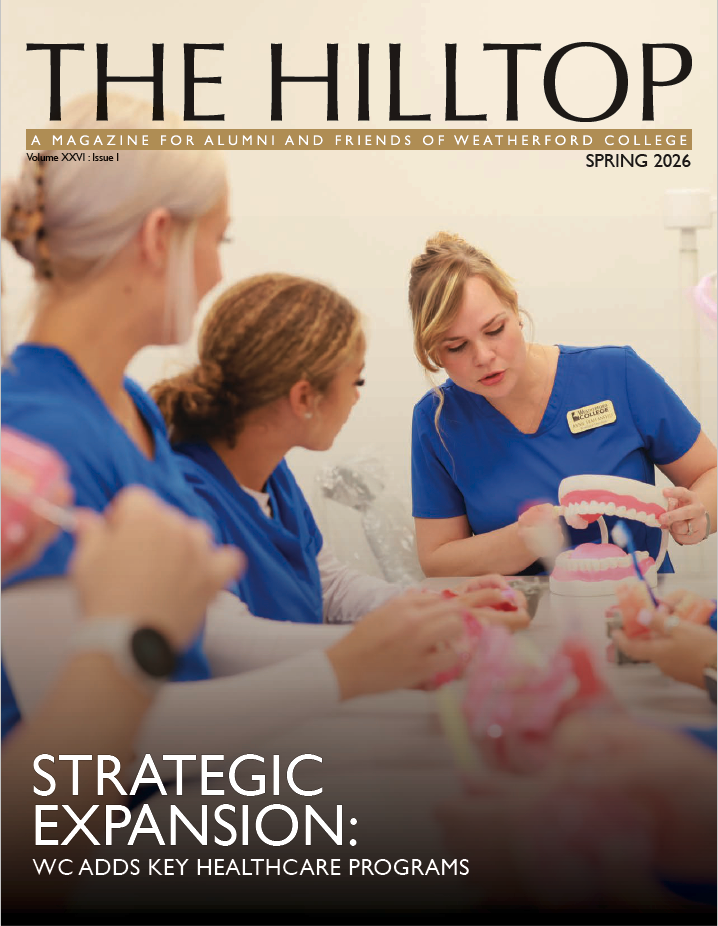 Spring 2026 Hilltop Cover. Dental Assistant instructor with large mouth model showing students teeth